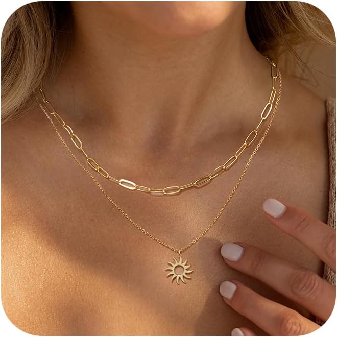 MFRYK Gold/Silver Necklaces Stack For Women,14K Gold/Sterling Silver Plated Simple Layered Choker Necklaces For Women,Stackable Multilayer Pearl Cross Disc Circle Pendant Cuban Herringbone Snake Paperclip Chain Necklaces Set Jewelry Gift for Women - Image 1